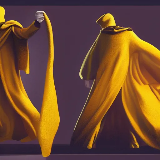 Image similar to award - winning. trending on artstation. cinematic. expressive. a faceless man wearing layered yellow robes while a black hole floats behind them. dark background.