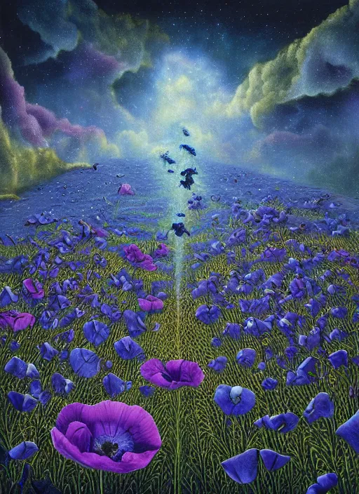 Image similar to detailed, intricate blue black and purple papaverum flower on the field, nebula, galaxy in the sky, winning award masterpiece, fantastically beautiful, illustration, aestheticly inspired, jacek yerka, upscale with anguissola sofonisba work, artstation, 8 k