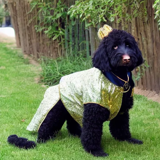 Image similar to black goldendoodle dog, wearing pimp suit