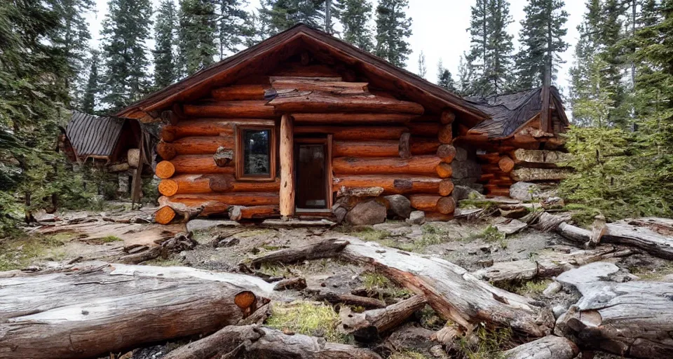 Image similar to an outside look of a log and stone cabin in a taiga with a view of two mountains with a valley in-between, 8k, cinematic, hyper-detailed, imax quality