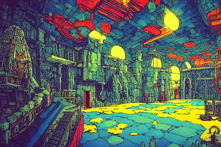 Prompt: gelatinous POINT PERSPECTIVE DUNGEON sustainer ROOM filled with command, painted by Edward Gorey and Moebius and Greg Rutkowski and Paul Wenzel and George Barr and Stephen Youll,trending on artstation, iridescent cool blue and cyan and red and blue and yellow and green lighting front view futuresynth , outrun , vibrant colors, Sabattier filter , Watercolor