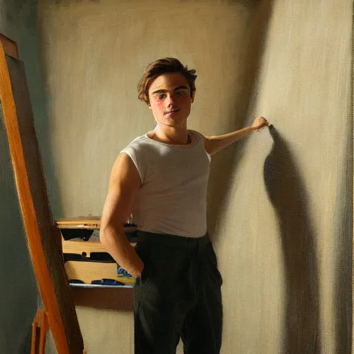 Image similar to Harold knight painting of zach efron posing in a studio,