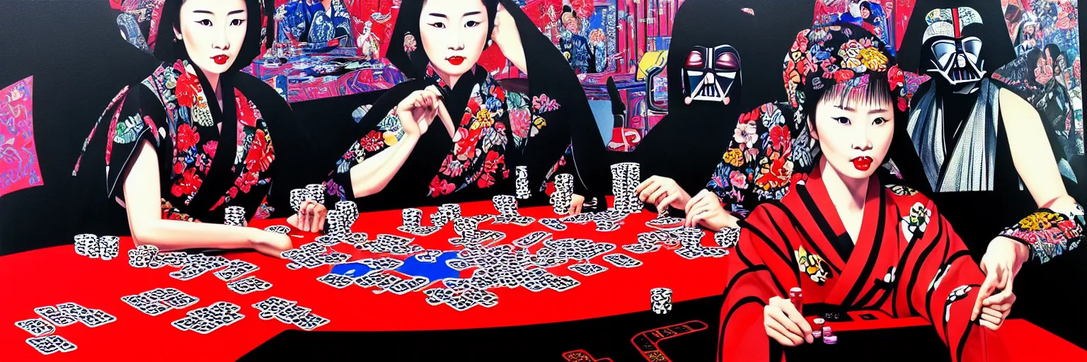 Prompt: hyperrealism composition of the detailed woman in a japanese kimono sitting at an extremely detailed poker table with darth vader, terminator, fireworks on the background, pop - art style, jacky tsai style, andy warhol style, acrylic on canvas