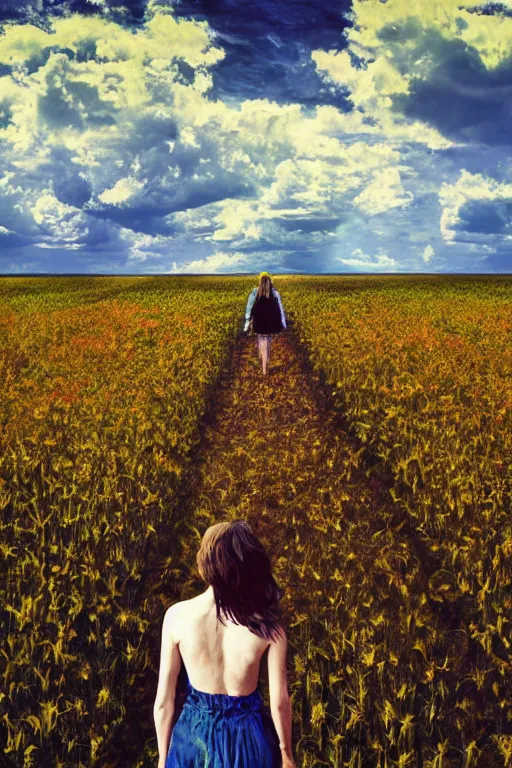 Prompt: giant corn flower head, girl walking in a decaying walter white themed flower field, surreal photography, dead body, dramatic light, impressionist painting, colorful clouds, digital painting, walter white, uncanny valley