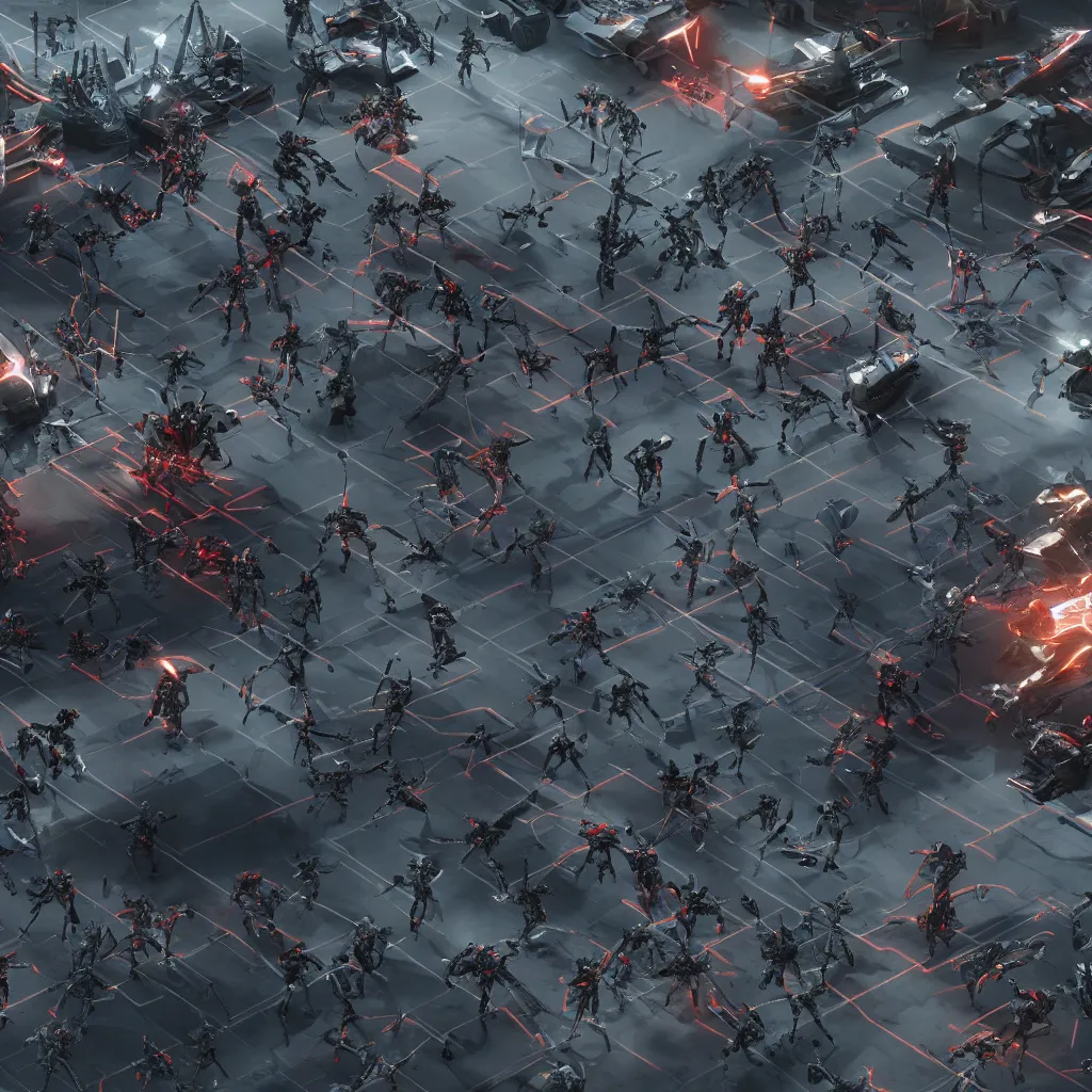 Prompt: a robot army running on a powerful AGI, standing against an alien race and waiting for battle, being led by John Wick, 4k wide lenses photograph, unreal engine 5 full rendering, depth of field, 3D