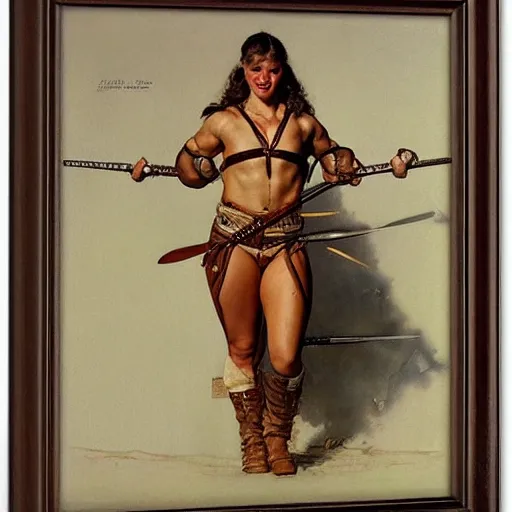 Image similar to portrait of a savage muscular barbarian female with light leather armor, by norman rockwell