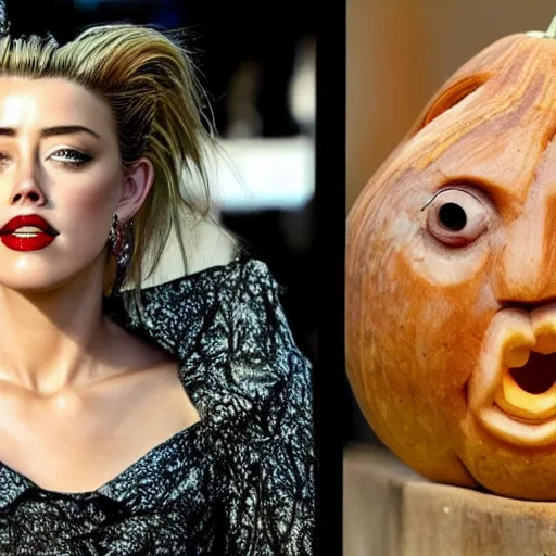 Image similar to a [ gourd ] carved shaped to look like ( amber heard ) face hybrid intercross