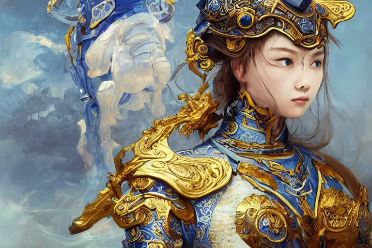 Image similar to portrait knights of Zodiac girl, Chinese Blue and white porcelain reflected armor, kung fu fighting in ruined Agora of Athens sunrise, ssci-fi, fantasy, intricate, very very beautiful, elegant, golden light, highly detailed, digital painting, artstation, concept art, smooth, sharp focus, illustration, art by tian zi and WLOP and alphonse mucha