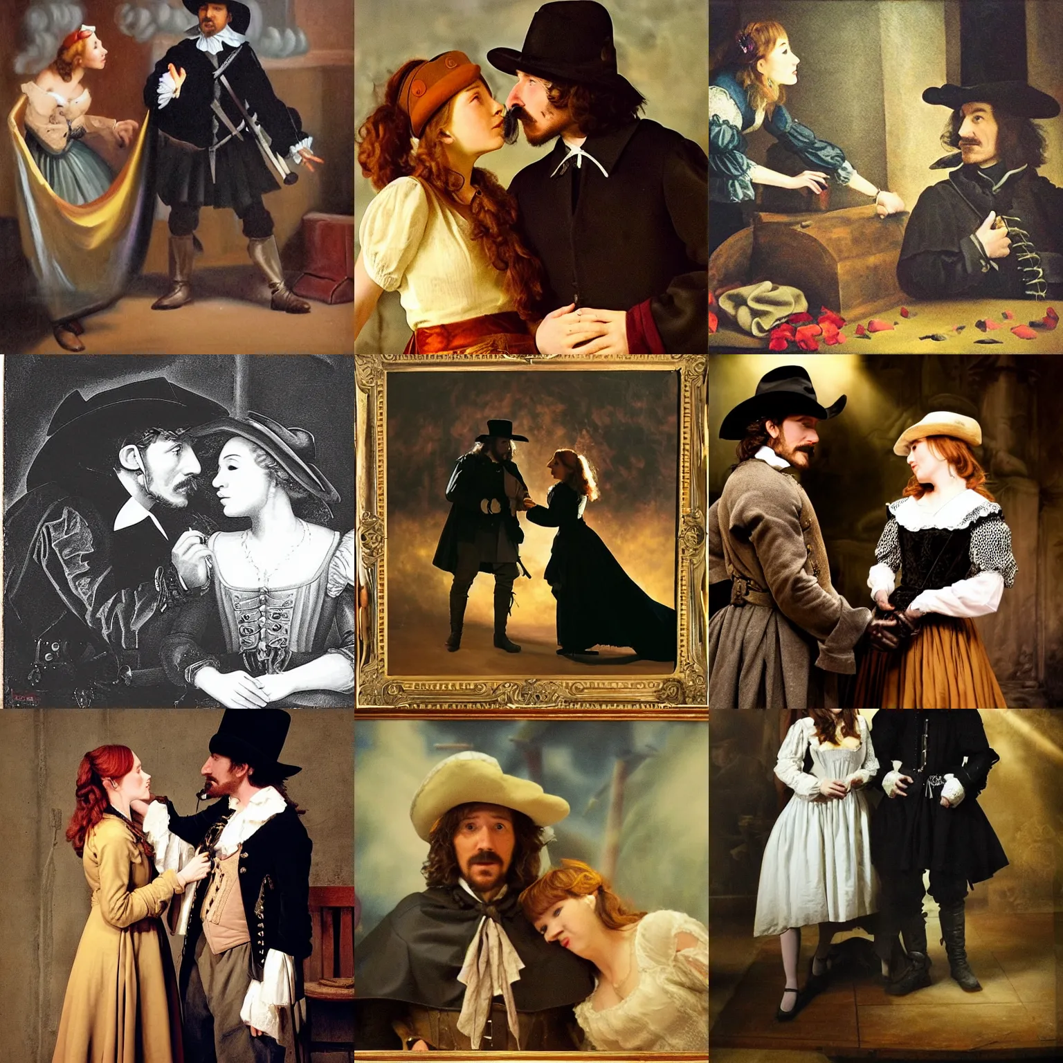 Prompt: Cyrano de Bergerac and Roxanne (Haley Bennet), are looking a teach other hand romantically. dramatic, high contrast, romantic, theatrical, lumnious, cinematic lights, oil canvas by Csók István, Munkácsi and Hollósy Simon