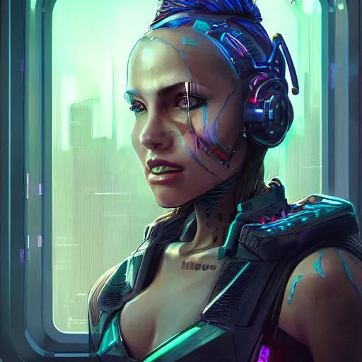 Prompt: portrait of cyberpunk woman looking out of a window, cyberpunk setting, futuristic, highly detailed, intricate lighting, digital painting, sharp focus, illustration, trending on artstation, art by marc brunet.