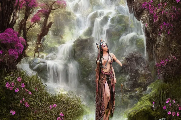 Prompt: A beautiful divine tribal high priestess with feathers and crystals in a lush field of flowers, highly detailed medieval temple behind her with waterfall and Deer, wide painting by greg rutkowski and HR Giger, Zbrush, Trending on artstation:1 H 1024