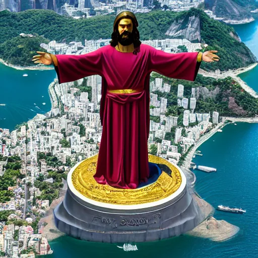 Image similar to buddy christ from dogma dressed as christ the redeemer pointing both fingers in at rio de janeiro, vied from above and behind, dynamic composition, dramatic lighting, trending on artstation, award winning art, stylized painting, ultrawide lens, aerial photography, rio de janeiro, 4 k, art by william bouguereau, alphonse mucha, greg rutkowski,