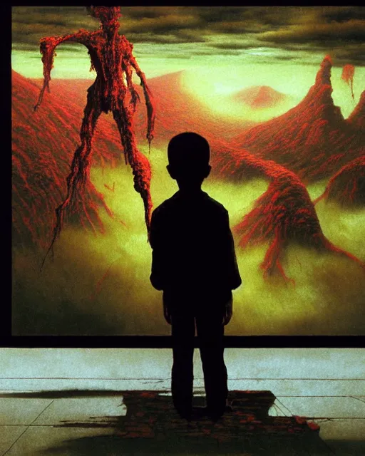 Image similar to 8k professional photo of an 8 years old enlightened and scared boy standing in front of a computer from 90s with a game doom2 at the monitor screen, Beksinski impasto painting, part by Adrian Ghenie and Gerhard Richter. art by Takato Yamamoto, masterpiece. still from a movie by Gaspar Noe and James Cameron