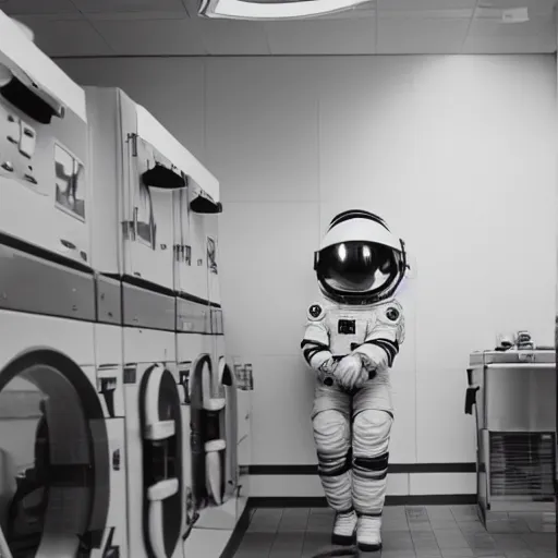 Image similar to a beautiful photo of an astronaut waiting in a laundromat, '70, soft light, morning light, photorealistic, realistic, octane, 8k, cinematic shot