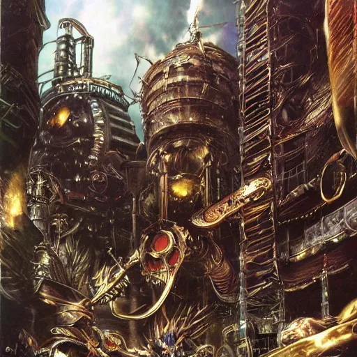 Image similar to conceptual art from from final fantasy 7, the steam punk city midgard by master artist yoshitaka amano