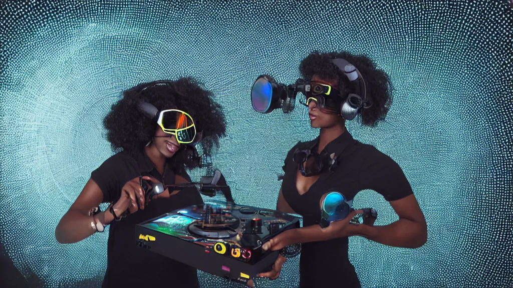 Image similar to a black woman wearing goggles and visor and headphones using an intricate clockwork record player turntable contraption, robot arms, computer screens, turntablism dj scratching, intricate planetary gears, cinematic, sharp focus, led light strips, bokeh, iridescent, black light, fog machine, hazy, lasers, spotlights, light trails, hyper color photograph