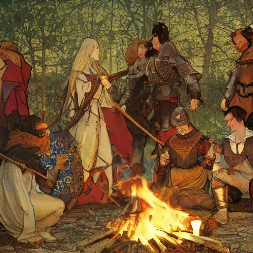 Prompt: a painting of medieval knights toasting marshmallows around the campfire in the style of howard pyle, arthur rackham, alphonse mucha, maxfield parrish. volumetric lighting. 8 k resolution. best detail. trending on artstation trending on deviantart