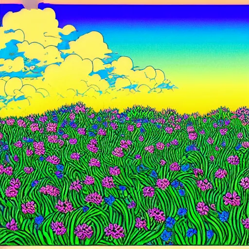 Image similar to a beautiful painting of a field of flowers atop a plateau overlooking a large beach by hiroshi nagai and hirohiko araki, detailed line art, vaporwave color scheme