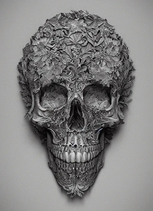 Image similar to hyper realistic photography of intricate renaissance skull ornament relief leaves, cinematic, symmetric detailed, artstation, cgsociety