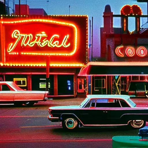 Image similar to color kodachrome photograph of an american city street in 1 9 6 6. neon sign, americana, parked cars, cinema, fire hydrant