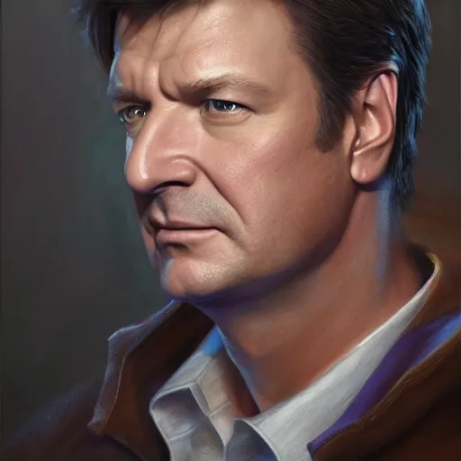 Image similar to A portrait of Nathan Fillion, highly detailed photorealistic, unreal 5, hugh definition, 8k, deviantart, donato giancola, oil painting