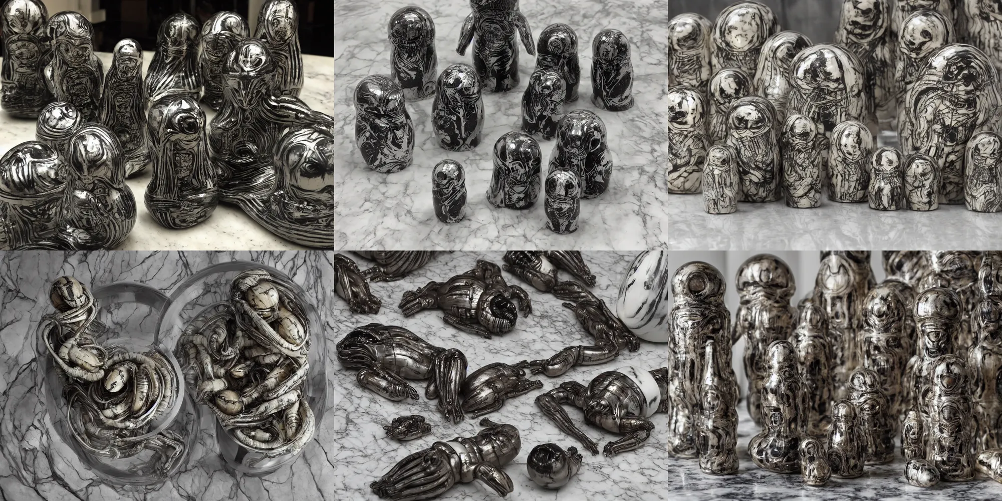 Prompt: aligned xenomorph nesting dolls on shiny marble table, by h. r. giger and arthur haas.