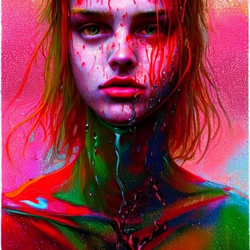 Image similar to bright asthetic portrait of LSD in rain with wet hair and face, liquid, fantasy, intricate, elegant, dramatic lighting, highly detailed, lifelike, photorealistic, digital painting, artstation, illustration, concept art, smooth, sharp focus, art by John Collier and Albert Aublet and Krenz Cushart and Artem Demura and Alphonse Mucha