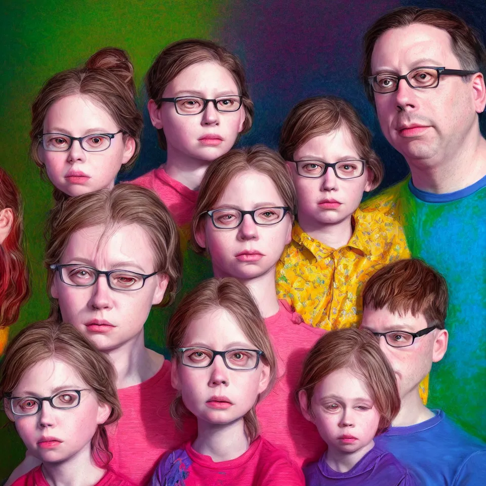 Prompt: bright realistic todd solondz family photo, diffuse lighting, fantasy, intricate, elegant, highly detailed, lifelike, photorealistic, digital painting, artstation, illustration, concept art, smooth, sharp focus, art by francis bacon