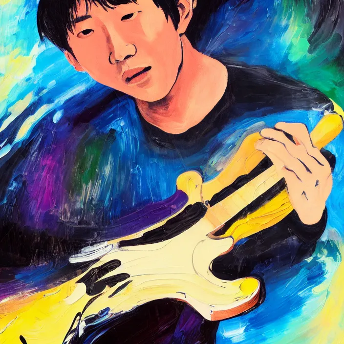 Image similar to abstract large swirly brush strokes painting of a young korean man wearing black low neck t shirt holding a telecaster!!! electric guitar!!, candid!! dark background, huge thick flowing dramatic brush strokes, matte colors, abstract, emotional masterpiece, impressionist, trending on artstation