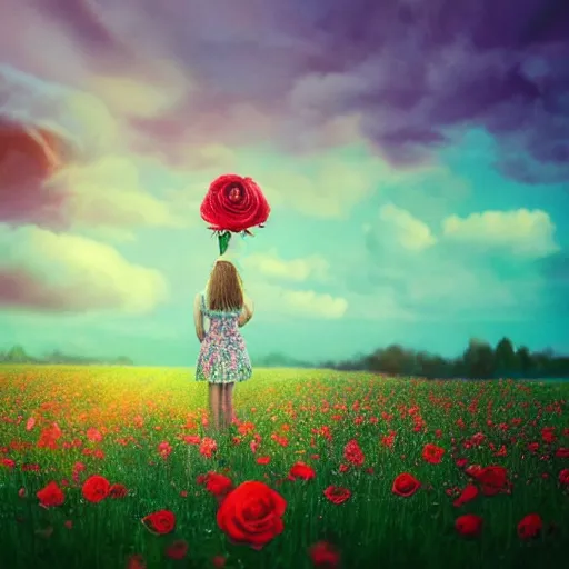 Image similar to woman with a rose flower face standing in flower field, surreal photography, sunrise, colorful clouds, artstation, simon stalenhag