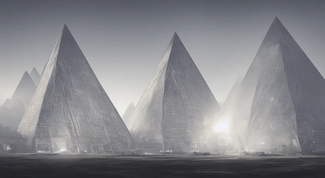 Prompt: ancient megastructure pyramid, parametric lattice structure by syd mead, photorealistic, zaha hadid, god rays, volumetric lighting, detailed, intricate, delicate, raytrace, octane, light fog, neon, bladerunner