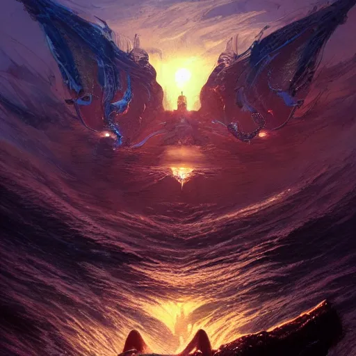 Image similar to illuminated tron wings in front sunset, cliffside ocean scene, backlit, diffuse lighting, hyper realistic, elegant, intricate, hyper detailed, smooth, sharp focus, concept art, illustration, trending on artstation, art by artem demura, greg rutkowski, james gurney, and alphonse mucha