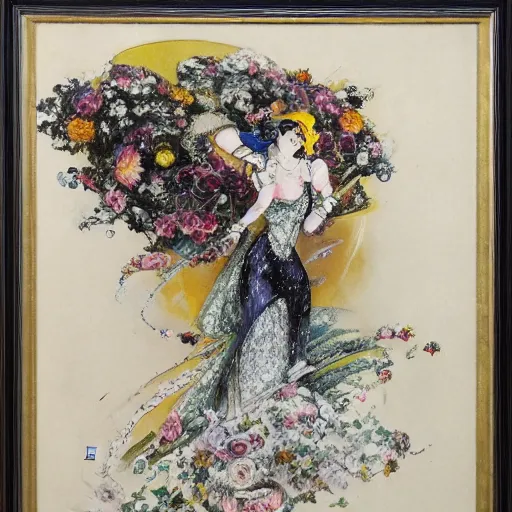 Image similar to Louis Icart, an old elaborate painting of an abstract robot tornado made entirely out of flowers, highly detailed, swirling, flowing, dancing, dreaming, masterpiece - H 1024