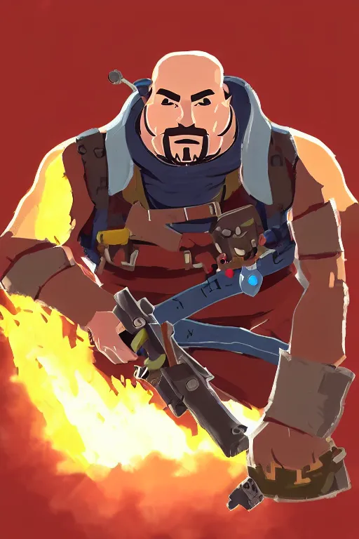 Image similar to an in game portrait of tf 2 heavy from the legend of zelda breath of the wild, breath of the wild art style.
