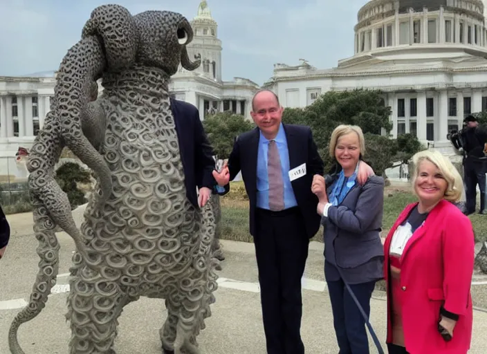 Image similar to a politician photo op with a tentacle monster