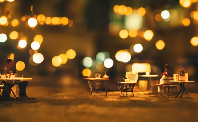 Prompt: mini cafe diorama photography, [ [ [ [ bokeh lights ] ] ] ] ambient, atmospheric photograph