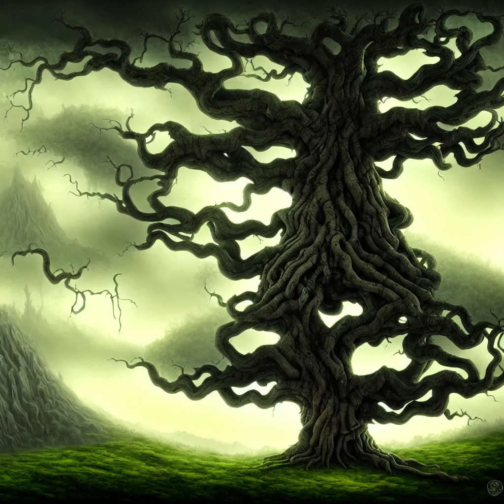 Image similar to evil ancient tree, on a hill, a detailed matte painting, fantasy, foggy