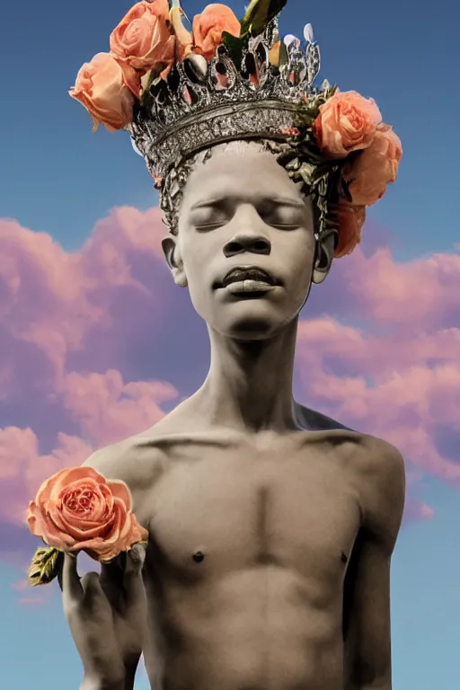 Prompt: milky quartz statue of a beautiful basquiat wearing a crown full of peach roses and reaching to the sky. rococo style scroll ribbon wirling across the sky, papyrus, background heavenly sky, marble, Trending on artstation. halo. octane render, cinematic, hyper realism, octane render, 8k, depth of field, 3D