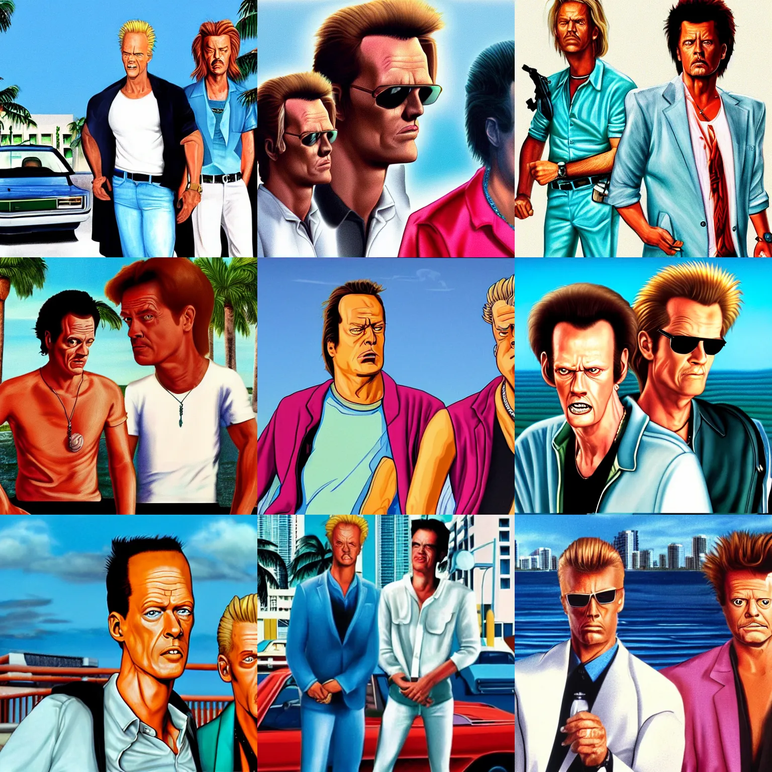 Prompt: beavis and butthead in miami vice, film, photorealistic, hyperrealistic