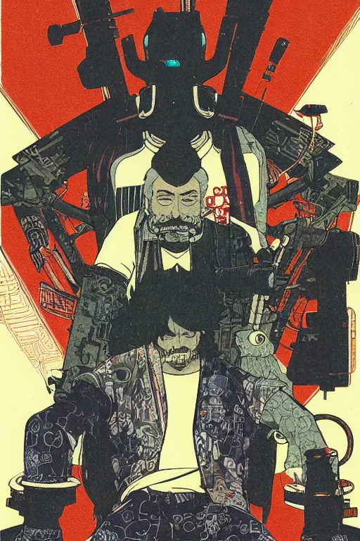 Image similar to awe-inspiring 1980s Japanese cyberpunk style illustration of a grandfather with a beard sitting on the floor by Masamune Shiro and Katsuhiro Otomo, studio ghibli color scheme, dark, complex