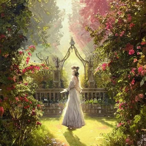 Image similar to portrait of a victorian lady in front of a English manor, from behind, streets, birds in the sky, sunlight and rays of light shining through trees, tall buildings on the sides, beautiful, solarpunk!!!, highly detailed, digital painting by Michael Garmash and Peter Mohrbacher