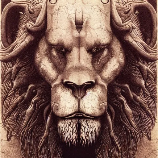 Image similar to god with with four faces : man, lion, eagle, bull. drawn by zdzislaw beksinski