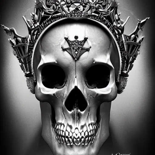 Image similar to skull queen with an origami crown, hints of silver jewelry, gothic, eerie, intricate detail, dramatic lighting, mist, grey, 8k