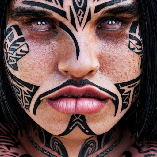 Image similar to a portrait of a maori girl with bottom lip tattoos female, dark eyes, dark hair, olive skin, depth of field, zeiss lens, detailed, centered, artstation, fashion photoshoot, by Annie Leibovitz and Steve McCurry, David Lazar, Jimmy Nelsson, Breathtaking, 8k resolution, extremely detailed, beautiful, establishing shot, artistic, hyperrealistic, beautiful face, octane render