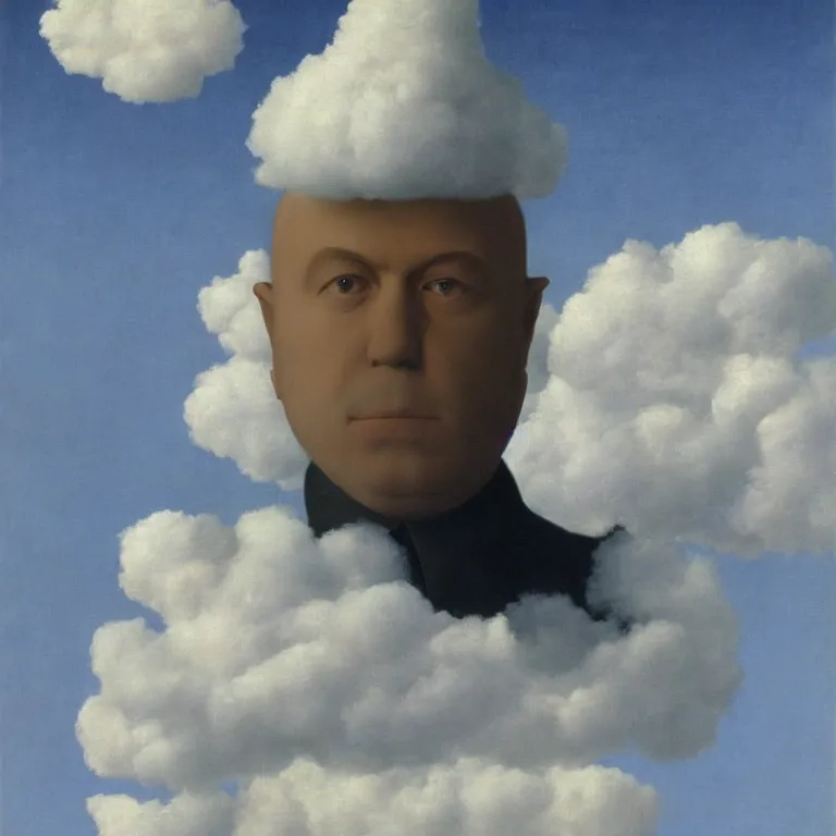 Prompt: portrait of a man whos head is a cloud, by rene magritte, detailed painting, hd, hq, high resolution, high detail, 4 k, 8 k