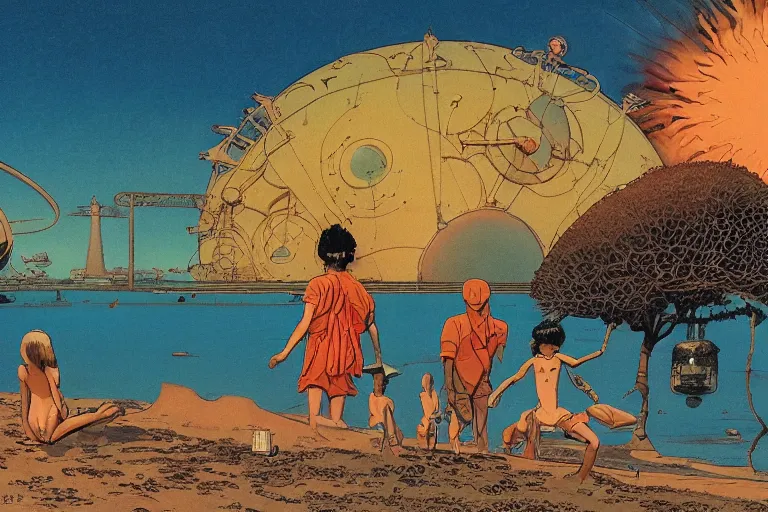 Image similar to most blues, evangelionic illustration, children playing at the beach, atomic explosion, a lot of exotic vegetation, oldschool vintage sci - fi flat surreal design, super - detailed, oil painting by moebius and satoshi kon, hd, 4 k, high quality