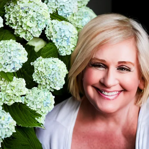 Prompt: 5 0 year old mildly overweight blonde woman, welcoming grin, wearing black, surrounded by hydrangeas, small white dog at her side, portrait, headshot, detailed, high quality