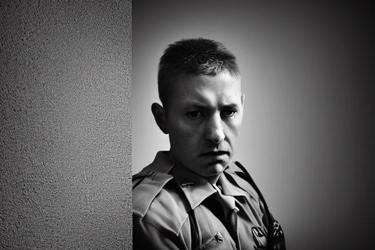 Prompt: an ultra realistic, cinematic headshot portrait of a prison guard, sat in an office, deep focus, dreamy, dramatic lighting, by hendrik kerstens