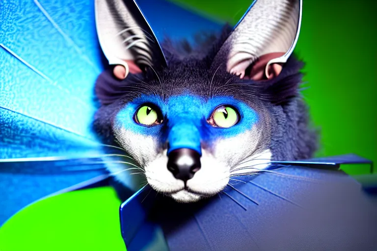 Image similar to a blue - and - black male blue / green heterochromatic catbat fursona with blue / green heterochromatic eyes ( differently - colored eyes, one green, one blue ) and huge bat ears, photo of the catbat streaming on his computer