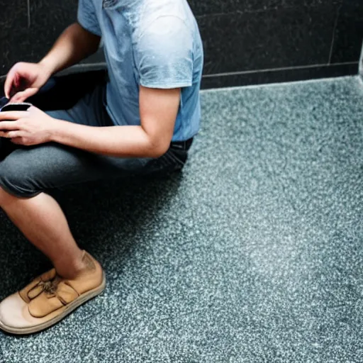 Prompt: a thoughtful wealthy young man sitting on a toilet attentively crolling tiktok on his iphone, distant thoughtful look